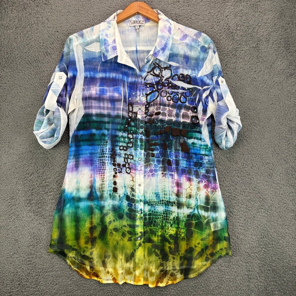 SPY Zone Exchange Womens Multicolored Tie Dye Embellished Mesh Button Up Shirt M